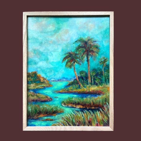 Georgia Salt Marsh Painting Wall Art | Low Country Landscape, Coastal Palm Trees - Picture 1 of 2
